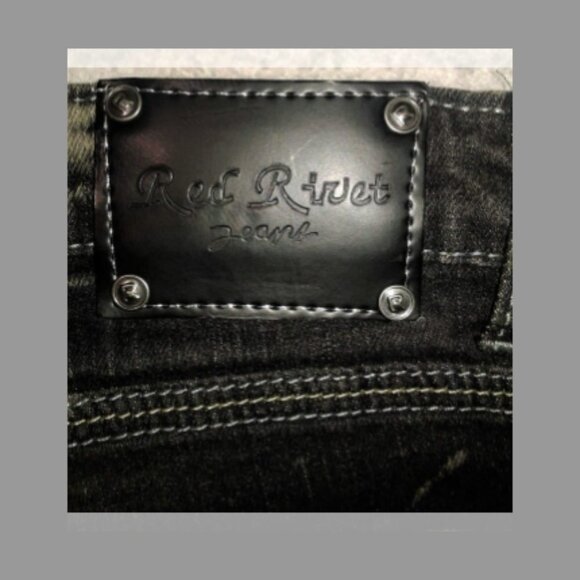 Red Rivet Black/Bleached Bedazzel Pocket Straight Leg Jeans Size: 34 - Picture 10 of 11
